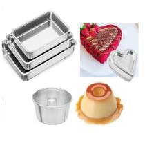 Kit assadeiras 5 Pçs Alumínio - kit Forma Retangular 3pçs + Forma Coração ballerine + Forma de Pudim