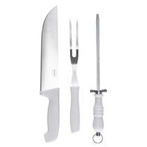 Kit Assador Churrasco 3 Peças Chaira Garfo E Faca 9" Aço Inox