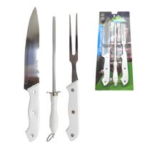 Kit Assador Churrasco Garfo Faca Chaira Aço Inox Faqueiro 3p