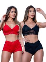 Kit Até 2 Short Dolls Lara Liso Peças em Tecido Romantic, com Renda Delicada e Cores Variadas