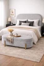 Kit Atenas Cabeceira de Cama Box Orgânica e Recamier Calçadeira Baú Casal 140 cm Suede Prata Eli Móveis e Decoração