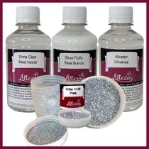 Kit Ativador Universal 250ml + Cola Fluffy 250g + Cola Transparente Clear 250g - Altezza - Kit DIY para Slimes Criativos Art Factory Slime