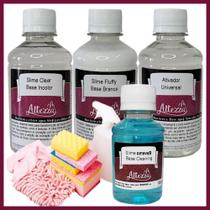 Kit Ativador Universal 250ml + Cola Fluffy 250g + Cola Transparente Clear 250g - Altezza - Kit DIY para Slimes Criativos Art Factory Slime