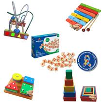 Kit Atividades 05 Brinquedos Pedagógicos Educativos Em Madeira - Primeira Infância TDAH - BH Mania De Brincar