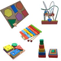 Kit Atividades 05 Brinquedos Pedagógicos Educativos Em Madeira - Primeira Infância TDAH