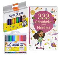 Kit Atividades Infantil Meninas Livro + Canetinha + Lápis de Cor