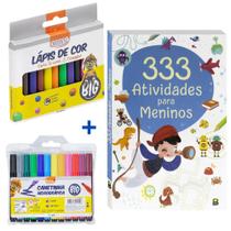 Kit Atividades Infantil Meninos Livro 333 Atividades + Canetinha Hidrográfica + Lápis de Cor