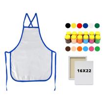 Kit Avental Branco Escolar PVC Azul + Tela de Pintura 16x22 + Guache 12 Cores