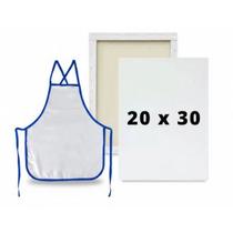 Kit Avental Branco Escolar PVC Azul + Tela de Pintura 20x30