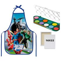 Kit Avental Escolar PVC Liga da Justiça + Tela de Pintura 16x22 + Aquarela em Pastilha com Pincel 12 Cores
