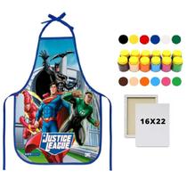 Kit Avental Escolar PVC Liga da Justiça + Tela de Pintura 16x22 + Guache 12 Cores