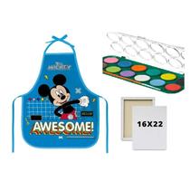 Kit Avental Escolar PVC Mickey Azul + Tela de Pintura 16x22 + Guache 12 Cores em Pastilhas com Pincel Kit Avental Escolar PVC Mickey Azul + Tela de Pintura 16x22 + Guache 12 Cores em Pastilhas com Pincel