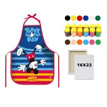 Kit Avental Escolar PVC Mickey Vermelho + Tela de Pintura 16x22 + Guache 12 Cores Kit Avental Escolar PVC Mickey Vermelho + Tela de Pintura 16x22 + Guache 12 Cores