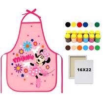 Kit Avental Escolar PVC Minnie Pink + Tela de Pintura 16x22 + Guache 12 Cores