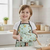 Kit Avental Infantil de Cozinha Estampado com Luva Térmica