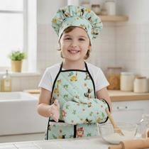 Kit Avental Infantil de Cozinha Estampado com Touca e Luva