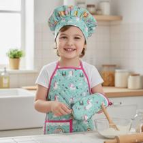 Kit Avental Infantil de Cozinha Estampado com Touca e Luva