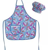 Kit Avental Infantil Menina Com Touca Chapéu De Cozinheiro Unicórnio Azul