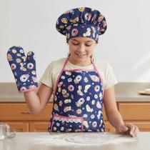 Kit Avental Juvenil de Cozinha Infantil Kids com Touca e Luva Estampado Impermeável COR:CUPCAKE AZUL