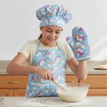 Kit Avental Juvenil de Cozinha Infantil Kids com Touca e Luva Estampado Impermeável COR:UNICÓNIO AZUL