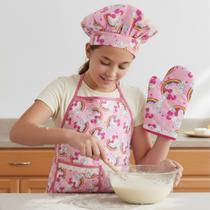 Kit Avental Juvenil de Cozinha Infantil Kids com Touca e Luva Estampado Impermeável COR:UNICÓNIO ROSA