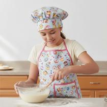 Kit Avental Juvenil de Cozinha Infantil Kids com Touca Estampado Impermeável COR:CUPCAKE ROSA