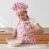 Kit Avental Juvenil de Cozinha Infantil Kids com Touca Estampado Impermeável COR:UNICÓNIO ROSA