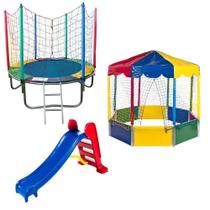 Kit Aventura: Cama Elastica Pula Pula 1,83m, Piscina Oitavada Grande Infantil 2,00m e Escorregador Médio 3 Degraus