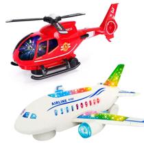 Kit Avião de Brinquedo Jato Exército + Helicóptero Resgate Bombeiros