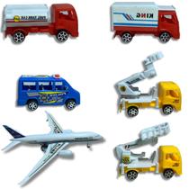 Kit avião fricção com caminhões airport brinquedo infantil aero porto coleção utilitários com 6 peças