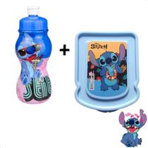 KIT AZUL Squeeze 250ml Garrafa de água + Sanduicheira Porta Frios Lanche Escolar Stitch