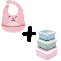 Kit Babador de Silicone Pega Migalhas e Potes de Papinha com 3 Gumy Rosa Buba