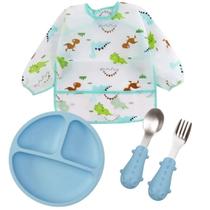 Kit Babador Prato Divisória Talheres Luxo Silicone Dino Baby