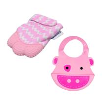 Kit Babador Silicone Porquinho Rosa e Mordedor Luvinha Rosa p/ Bebê Kababy