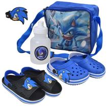 Kit Babuche Infantil Sandália Papete Lancheira Escolar Com Garrafinha E Pulseira Sonic Masculino