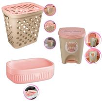Kit Baby Bear Bebe Infantil Menina Cesto Roupa Saboneteira Lixeira