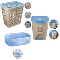 Kit Baby Bear Bebe Infantil Menino Cesto Roupa Saboneteira Lixeira