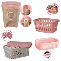 Kit Baby Bear Menina Cesto Roupa Lixeira Cesto Organizado e Saboneteira