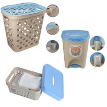 Kit Baby Bear Menino Cesto Roupa Cesto Organizador e Lixeira