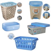 Kit Baby Bear Menino Cesto Roupa Cesto Organizador Lixeira e Saboneteira Infantil