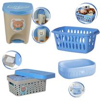 Kit Baby Bear Menino Cesto Roupa Lixeira Cesto Organizador E Saboneteira