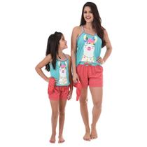 Kit Baby Doll Tal Mãe Tal Filha Estampado Lhama Blusa Alça Fina + Short + Tapa Olho - Moda Feminina