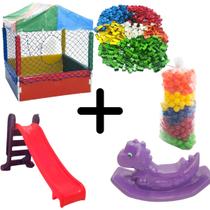 KIT Baby Escorregador Médio 3 Degraus Cavalinho DINO Rex Piscina 1,0 500 Bolinhas anti amasso 76mm, 100 multiblocos ROXO