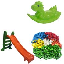 Kit baby infantil escorregador médio com 3 degraus + gangorrra dino super divertida para crianças a partir de 03 anos de