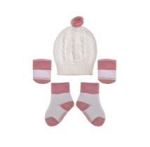 Kit baby rosa claro e branco toca luva e meia ref-22402001 Kit baby rosa claro e branco toca luva e meia ref-22402001