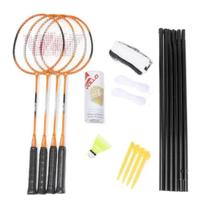 Kit Badminton: 4 Raquetes 3 Petecas de Nylon Rede e Suporte