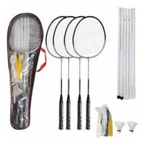 Kit Badminton Pro 4 Raquetes 2 Petecas C/ Rede E Suporte - Lequipo