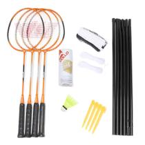 Kit Badminton Vollo com 4 Raquetes e 3 Petecas de Nylon Rede e Suporte