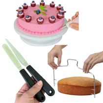 Kit Bailarina Prato Giratório + Nivelador + 2 Espátulas Reta E Curva Bolos Decoração Confeitaria