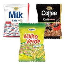 Kit bala dura pocket 500g com 3 sabores milho, leite e café - riclan